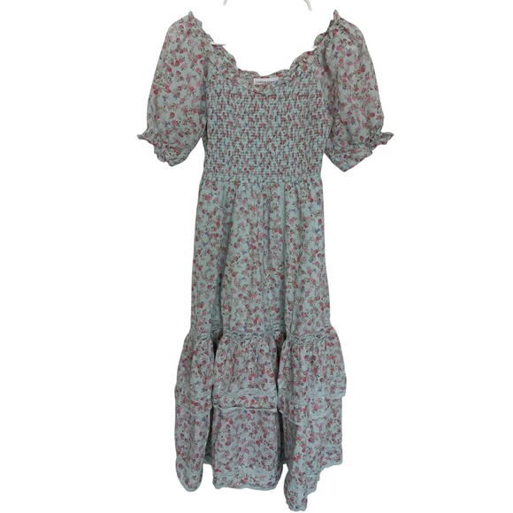 LoveShackFancy x Target Floral Smocked Puff Sleeve Midi Dress Mint XS Cottage - Picture 2 of 8